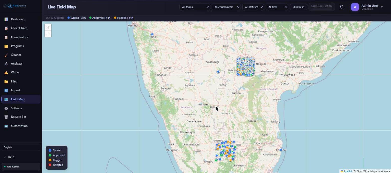 GPS field map showing survey submissions across Karnataka, Telangana, and Andhra Pradesh, illustrating state-specific compliance requirements for household surveys