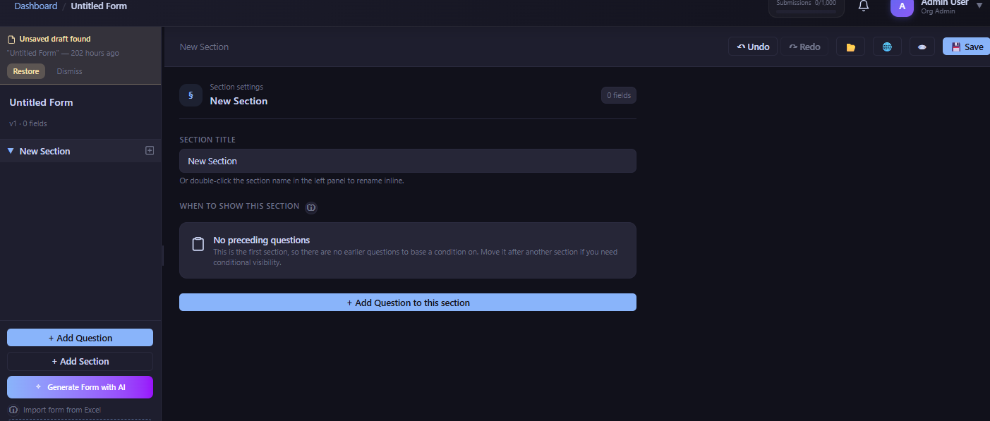 FieldGovern Form Builder showing form design canvas used to build DPDP-compliant consent screens with per-purpose questions