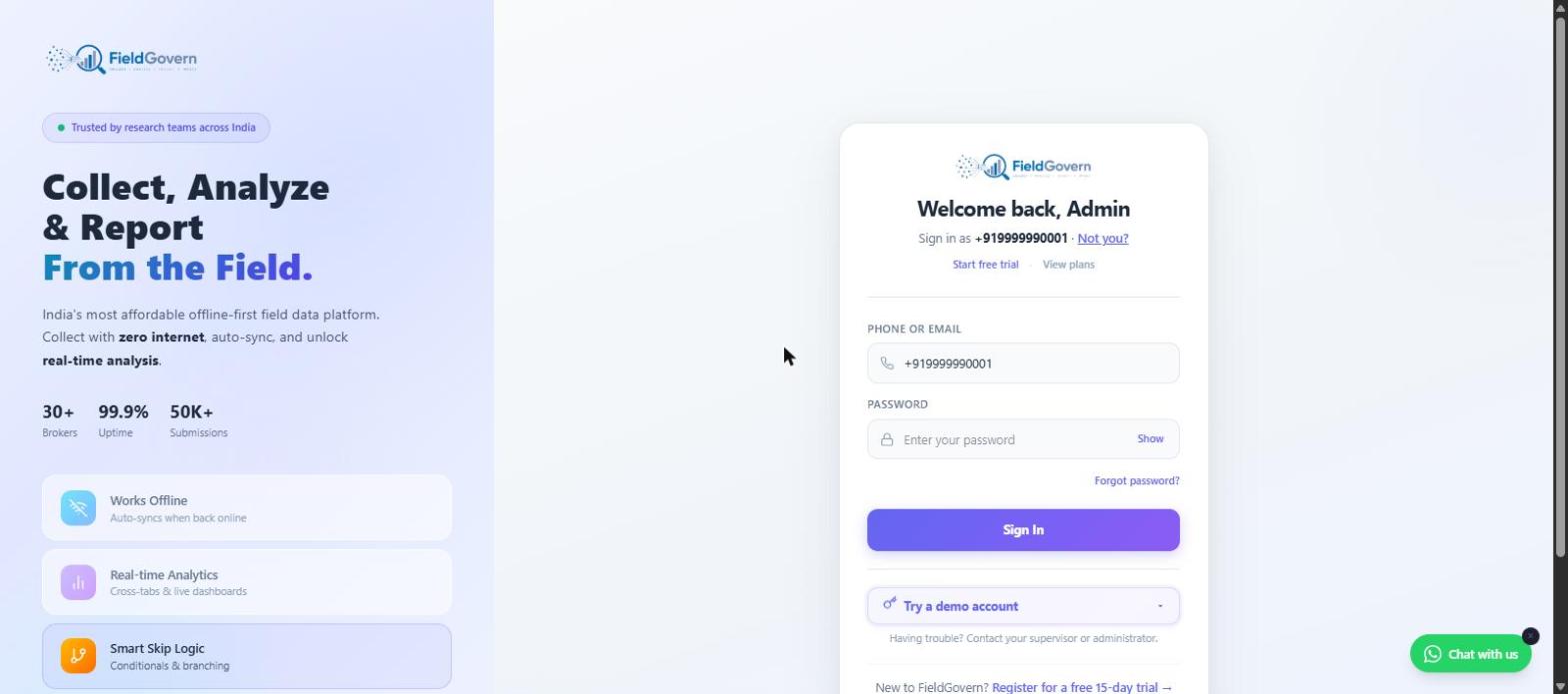 FieldGovern login screen showing India's offline-first field data platform tagline with trust badges for uptime and submissions