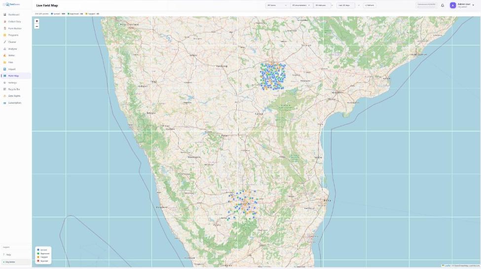 FieldGovern live GPS map showing 545 real submission pins clustered across Karnataka and Andhra Pradesh, color-coded by review status